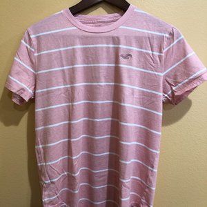 Hollister Mens Curved Hem Tee 100% Cotton Pink with White Stripes Size XS